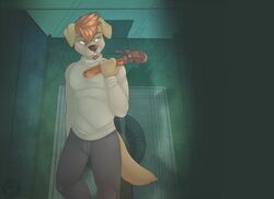 2k_games anthro beard bioshock biped blue_eyes bottomwear canid canine canis clothed clothing digital_media_(artwork) domestic_dog facial_hair front_view fully_clothed fur hair holding_object holding_tool inside looking_aside male mammal orange_hair pants pipe_wrench portrait shaded short_hair solo spazzyhusky standing sweater tan_body tan_fur teeth three-quarter_portrait tools topwear