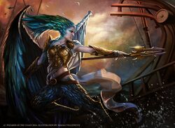 armor english_text feathered_wings feathers female hasbro magali_villeneuve magic:_the_gathering melee_weapon military official_art polearm siren soldier spear text warrior weapon wings wizards_of_the_coast