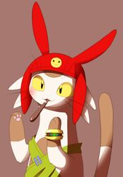 :3 ancient_aliens betelgeusian blush bracelet clothing eating felid food fur hat headgear headwear jewelry male mammal meme meow_(space_dandy) moffuriini_(artist) pocky simple_background solo space_dandy tan_body tan_fur whiskers yellow_eyes