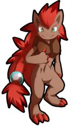 alpha_channel ambiguous_gender anthro black_body black_fur canid canine fur generation_5_pokemon green_eyes grey_body grey_fur hair long_hair looking_at_viewer mammal moffuriini_(artist) nintendo pokemon pokemon_(species) red_hair smile solo tuft zoroark