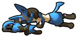 :3 ambiguous_gender anthro blue_body blue_fur canid canine duo fur generation_4_pokemon lucario lying mammal moffuriini_(artist) nintendo on_side pokemon pokemon_(species) riolu simple_background