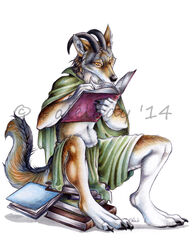 2014 anthro blue_book book brown_book canid canine canis claws clothed clothing digitigrade distracting_watermark fur green_book horn male mammal mythological_canine mythological_creature mythology palelady purple_book reading red_book red_wolf scholar simple_background solo stack_of_books stacked_books turgius watermark were werecanid werecanine werewolf white_background wolf