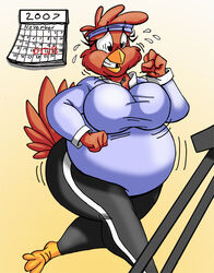 2007 accessory anthro avian beak belly big_belly big_breasts bird bodily_fluids bottomwear breasts brown_body brown_feathers calendar chadrocco clothed clothing curvy_figure dated english_text exercise feathers female fully_clothed furgonomics galliform headband holidays huge_breasts huge_thighs motion_lines non-mammal_breasts overweight overweight_anthro overweight_female phasianid scared shaded solo sweat sweatdrop tail tail_clothing tail_feathers teeth text thanksgiving thick_thighs topwear treadmill turkey weight_loss wide_hips yellow_beak