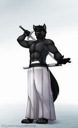 2014 abs anthro asian_clothing athletic barefoot belt biceps biped black_body black_fur black_hair black_nose bleach_(series) bottomwear canid canine canis claws clothed clothing dark darkwolf_(darkwolfdemon) demon digital_media_(artwork) east_asian_clothing eye_patch eyewear feet fur hair hi_res japanese_clothing katana lavenderpandy looking_at_viewer male mammal melee_weapon muscular muscular_anthro nipples oversized_bottomwear oversized_clothing oversized_pants pants pecs pose scar solo standing sword text theblackrook toe_claws topless url weapon wolf yellow_eyes