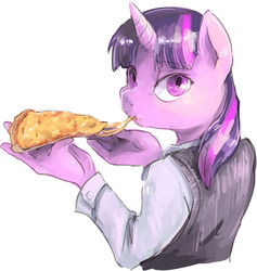 2014 anthro anthrofied audrarius cheese clothing dairy_products digital_media_(artwork) eating equid equine female food friendship_is_magic hair hasbro horn looking_at_viewer mammal melted_cheese multicolored_hair my_little_pony mythological_creature mythological_equine mythology pizza purple_eyes purple_hair simple_background solo twilight_sparkle_(mlp) two_tone_hair unicorn white_background