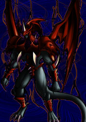 3_toes abstract_background archfiend_of_gilfer armor barefoot blue_background claws demon digital_media_(artwork) duel_monster empty_eyes feet fist glistening glistening_body grey_body grey_skin head_wings horn humanoid konami male membrane_(anatomy) membranous_wings muscular muscular_humanoid muscular_male no_pupils shaded simple_background solo spikes toes unknown_artist wings yellow_eyes yu-gi-oh!