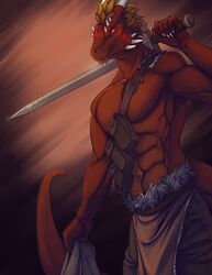 2014 abs absurd_res anthro argonian athletic baldric bethesda_game_studios biceps biped bottomwear clothed clothing digital_media_(artwork) feathers hi_res horn lizard loincloth looking_at_viewer male melee_weapon microsoft muscular muscular_anthro pants pecs pose red_body red_skin reptile sairaks scales scalie skyrim solo standing sword the_elder_scrolls thestory topless weapon yellow_eyes