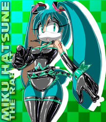 anthro black_clothing black_legwear black_thigh_highs blue_eyes blue_hair clothing english_text female frutiger_metro gblastman gloves hair handwear hatsune_miku lagomorph latex legwear leporid mammal necktie rabbit sega solo sonic_the_hedgehog_(series) text thigh_highs vocaloid y2k_(graphic_design)