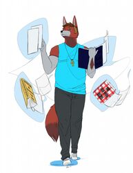 ahkh anthro blue_eyes book bottomwear canid canine canis clothed clothing denim denim_bottomwear denim_clothing eyewear fully_clothed glasses hi_res jeans jewelry luxordtimet magic male mammal necklace pants recipe shirt slightly_chubby solo timet topwear tousou_(artist) wolf