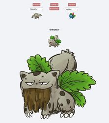 alternate_species ambiguous_gender english_text fakemon fusion generation_1_pokemon graveler gravy group hybrid ivysaur nintendo open_mouth pokemon pokemon_(species) pokemon_fusion reference_image rock simple_background solo_focus text unknown_artist