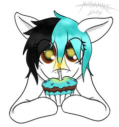 2014 cupcake earth_pony equid equine fan_character feral food fur hair hasbro horse looking_at_viewer male mammal masamaki multicolored_hair my_little_pony pony simple_background smile solo two_tone_hair white_background white_body white_fur