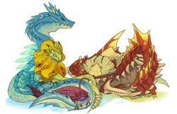 2014 agnaktor ambiguous_gender blue_eyes bodily_fluids capcom closed_eyes drooling feral fish gobul group lagiacrus leviathan_(mh) ludroth male marine monster_hunter nibelsnarf red_eyes royal_ludroth saliva scalie simple_background sleeping unknown_artist