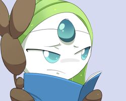 blue_eyes digital_media_(artwork) female frown generation_5_pokemon green_hair hair humanoid legendary_pokemon long_hair low_res magazine meloetta meloetta_(aria_form) nintendo not_furry pokemon pokemon_(species) reaction_image solo theboogie