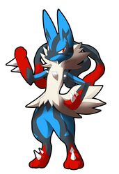 ambiguous_gender anthro biped blue_body blue_fur canid canine fur generation_6_pokemon looking_at_viewer mammal mega_evolution mega_lucario moffuriini_(artist) nintendo pokemon pokemon_(species) red_eyes simple_background solo standing tuft