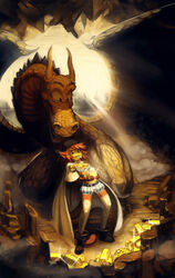 ambiguous_gender anokorok bandana belt breasts cape clothing coin dragon duo female gold_(metal) gold_coin hi_res horn kerchief mythological_creature mythological_scalie mythology non-mammal_breasts open_mouth scalie smile stealing treasure unknown_species