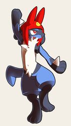 :3 ambiguous_gender anthro biped blue_body blue_fur canid canine clothing cosplay fur generation_4_pokemon hat headgear headwear lucario mammal meow_(space_dandy) moffuriini_(artist) navel nintendo open_mouth pokemon pokemon_(species) red_eyes simple_background solo space_dandy standing teeth