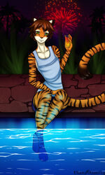 2014 3:5 alcohol anthro beverage biped bottomwear brown_hair clothing cocktail eliana-asato evening felid fireworks food green_eyes hair hi_res male mammal night outside palm_tree pantherine plant saba shirt shorts sitting sky solo swimming_pool tank_top tiger topwear tree water