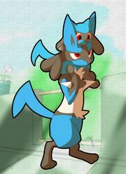 ambiguous_gender anthro blue_body blue_fur canid canine duo flower fur generation_4_pokemon lucario mammal moffuriini_(artist) nintendo open_mouth outside plant pokemon pokemon_(species) red_eyes riolu smile teeth