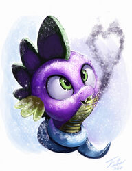 2014 breath_powers bust_portrait dragon elemental_manipulation fangs fire fire_breathing fire_manipulation friendship_is_magic green_eyes hasbro heart_formation heart_symbol hi_res male my_little_pony mythological_creature mythological_scalie mythology outside portrait scalie scarf smoke smoke_heart snow solo spike_(mlp) teeth tsitra360