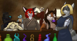 2012 alcohol alien anthro bar bartender beverage black_body black_fur black_hair black_nose blonde_hair blue_eyes breasts canid canine cantina cleavage clothed clothing ear_piercing evalia_d&#039;lune facial_piercing female fennec_fox food fox foxenawolf fur greedo_(star_wars) green_eyes grey_body grey_fur grey_hair group hair half-closed_eyes han_solo jadedfox_(character) jedi looking_at_viewer mammal narrowed_eyes outlaw overlord_fox padawan paws piercing procyonid raccoon red_body red_fur red_hair savanna_(jadedfox) sierrafox_(character) smile smuggler standing star_wars true_fox white_body white_fur yellow_body yellow_fur