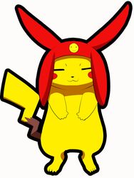 ambiguous_gender closed_eyes clothing cosplay feral fur generation_1_pokemon hat headgear headwear mammal meow_(space_dandy) moffuriini_(artist) nintendo pikachu pokemon pokemon_(species) rodent simple_background smile solo space_dandy yellow_body yellow_fur