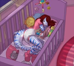 ageplay anthro baby_mobile babystar booties brown_hair clothed clothing crib diaper duo female fish hair infantilism inside marine night pacifier pillow plushie red_hair roleplay shark sleeping wearing_diaper