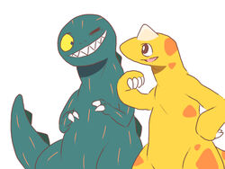 anthro dinosaur duo extinct heart_symbol hearto lighto male prehistoric_species reptile scalie simple_background source_request tail unknown_artist white_background you_are_umasou