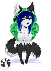 anthro black_body black_fur blue_eyes blue_hair blue_nose breasts canid canine canis cleavage clothed clothing digital_media_(artwork) female fluffy fluffy_tail fur hair looking_at_viewer lunarii mammal microsoft minecraft mojang open_mouth solo tail white_body white_fur wolf x-leon-x xbox_game_studios