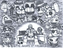 2014 animatronic anthro avian balloon_boy_(fnaf) bear bird black_sclera canid canine chicken clothing cupcake_(fnaf) electric_fan english_text exposed_endoskeleton eye_patch eyewear female five_nights_at_freddy&#039;s five_nights_at_freddy&#039;s_2 fox galliform gallus_(genus) group hat headgear headwear hi_res human humanoid jeremy_fitzgerald lagomorph leporid looking_at_viewer machine male mammal mangle_(fnaf) marionette_(fnaf) monochrome mutantnight phasianid rabbit robot scottgames sitting smile tablet text toy_bonnie_(fnaf) toy_chica_(fnaf) toy_freddy_(fnaf) withered_bonnie_(fnaf) withered_chica_(fnaf) withered_foxy_(fnaf) withered_freddy_(fnaf) withered_golden_freddy_(fnaf)