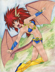 animal_humanoid ass boots breasts clothed clothing cloud crystal dragon dragon_half dragon_humanoid fangs female flying footwear hair horn humanoid mammal membrane_(anatomy) membranous_wings mink_(dragon_half) mythological_creature mythological_scalie mythology navel one_eye_closed open_mouth outside red_eyes red_hair scalie sky smile solo tail teeth tongue wings wink xiayu