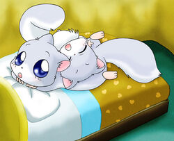 2008 bed bedding blanket blue_body blue_eyes blue_fur brother_(lore) brothers_(lore) closed_eyes duo feral fluffy fluffy_tail flying_squirrel fur furniture happy_happy_clover hickory_(happy_happy_clover) hirari_(happy_happy_clover) japanese kuridora looking_at_viewer low_res male mammal pixiv rodent sayuri_tatsuyama sciurid sibling_(lore) tail tree_squirrel twins_(lore) white_body white_fur