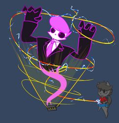 animated_skeleton anterior_nasal_aperture anthro bone clothing domestic_cat duo felid feline felis female fur ghost ghostbusters grey_background hi_res lewis_pepper mammal mystery_skulls parody proton_pack ramona_dragunov simple_background skeleton sovietcatparty spirit undead