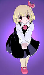  black_dress blonde_hair blush bow bowtie closed_mouth dress female footwear_bow full_body hair_ribbon jaggy_lines long_sleeves looking_at_viewer necktie photoshop_(medium) pink_bow pink_bowtie pink_eyes pink_footwear pink_ribbon purple_background ribbon rumia shaomin shoes short_hair solo source_request touhou v_arms 