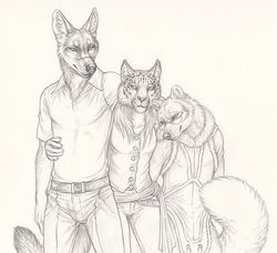 2014 anthro arctic_fox canid canine canis clothing dress eyewear felid feline female fluffy fluffy_tail fox glasses group hug lynx male mammal puquanah ransom rukis shaded shivah sketch story story_in_description tail true_fox wolf