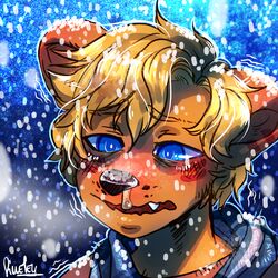 1:1 anthro blonde_hair blue_eyes bodily_fluids brown_body brown_fur brown_nose facial_markings fiuefey fur hair head_markings herpestid hi_res male mammal markings mongoose outside seth_h&auml;ser snot snow snowing solo