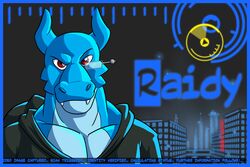 3:2 anthro bandai_namco blue_body blue_border blue_scales border city cityscape clothed clothing cooner digimon digimon_(species) english_text futuristic japanese_text looking_at_viewer male name_badge raidramon raidy rainfurrest red_eyes reptile scales scalie shirt solo teeth text topwear y2k_(graphic_design)