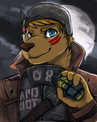 4:5 anthro armor blonde_hair blue_eyes brown_body brown_fur brown_nose clothing explosives facial_markings fallout flexa fur grenade hair hat head_markings headgear headwear helmet herpestid hi_res male mammal markings microsoft mongoose ncr_ranger_(fallout) seth_h&auml;ser solo weapon