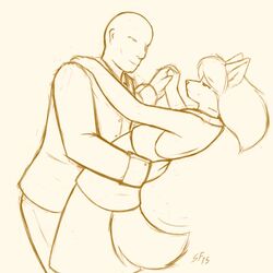 1:1 2015 anthro bald bottomwear bowman&#039;s_wolf brown_and_white canid canine canis cleft_chin clothed clothing dancing duo female female_on_human flat_chested florence_ambrose freefall_(webcomic) fur hair human human_on_anthro interspecies long_hair male male/female male_on_anthro mammal monochrome pants red_wolf romantic romantic_couple simple_background sketch skirt starfighter topwear vest white_background winston_thurmad wolf