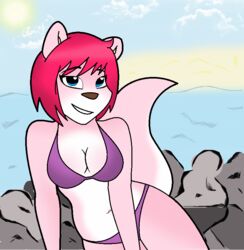 anthro bikini blue_eyes breasts brown_nose clothing cloud digital_media_(artwork) felid female fur hair looking_at_viewer mammal mcfly0crash outside pink_body pink_fur pink_hair rocky_shore seaside sky smile solo swimwear