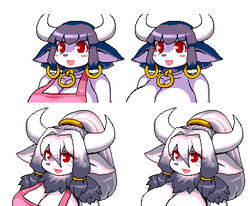 anthro big_breasts blush bovid bovine breasts cattla_(sorcerland) cattle cleavage clothed clothing cowra_(sorcerland) digital_media_(artwork) female hair horn low_res mammal official_art open_mouth pixel_(artwork) ponytail red_eyes sibling_(lore) simple_background sister_(lore) sisters_(lore) sorcerland white_background zaruku