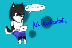 3:2 anthro canid canine canis canisfidelis chibi clothing dialogue digital_media_(artwork) english_text fur male mammal multicolored_body multicolored_fur occidentalis sarcasm smile solo text two_tone_body two_tone_fur wolf