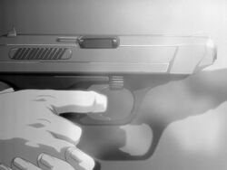  1other ambiguous_gender animated animated anime_screenshot casing_ejection firing gun gunslinger_girl h&amp;k_vp70 handgun heckler_&amp;_koch holding holding_gun holding_weapon lowres monochrome recoil shell_casing smoke smoking_barrel solo weapon 