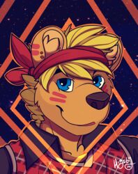 2014 anthro bandana blonde_hair blue_eyes brown_body brown_fur brown_nose clothing digital_media_(artwork) facial_markings fur hair head_markings herpestid hi_res higsby kerchief male mammal markings mongoose seth_h&auml;ser solo