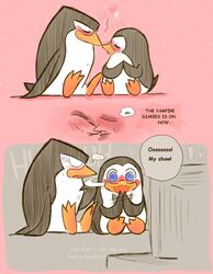 adelie_penguin avian bird blush dreamworks duo electronics english_text feral hi_res humor kissing madagascar_(series) male male/male modestgliscor penguin private_(madagascar) semi-anthro skipper_(madagascar) television text the_penguins_of_madagascar