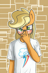 2014 anthro anthrofied applejack_(mlp) blonde_hair blush clothed clothing digital_media_(artwork) earth_pony equid equine eyewear female freckles friendship_is_magic glasses green_eyes hair hasbro hi_res horse long_hair looking_at_viewer mammal my_little_pony nolycs pony shirt solo topwear