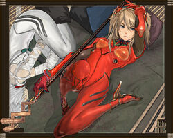  2girls alternate_hair_color arm_up ayanami_rei bad_anatomy bad_perspective bandaged_arm bandages bed between_legs blue_eyes bodysuit border bracer breasts cast dutch_angle from_above from_side frown gloves grey_hair hair_over_eyes hairpods hand_between_legs headgear high_heels holding holding_weapon indoors interface_headset knee_up lance_of_longinus_(evangelion) light_brown_hair long_hair looking_at_viewer lying maeda_hirotaka multiple_girls neck_ribbon neon_genesis_evangelion on_back on_side pale_skin photoshop_(medium) pillow plugsuit polearm ribbon shoes short_hair small_breasts souryuu_asuka_langley spear turtleneck two_side_up weapon white_bodysuit 