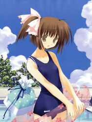  2000s_(style) bag bare_arms bare_shoulders blue_one-piece_swimsuit bow breasts brown_eyes brown_hair cloud cloudy_sky collarbone cowboy_shot female hairbow head_tilt highres innertube kida_emiri looking_at_viewer mitsumi_misato one-piece_swimsuit one_side_up open_mouth outdoors pool school_swimsuit short_hair shoulder_bag sky small_breasts solo swim_ring swimsuit tenshi_no_inai_12-gatsu thighs tree white_bow 