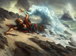 adam_paquette anthro biped catfolk digital_media_(artwork) digital_painting_(artwork) disembodied_hand dutch_angle felid group hasbro holding_object holding_weapon leonin lying magic:_the_gathering male mammal official_art on_side outside pantherine particles rock rocky_shore sea sea_spray seaside solo_focus water wave weapon wizards_of_the_coast