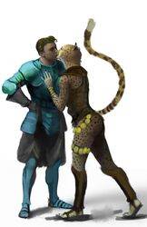 armor brown_hair bruce_(hattonslayden) cheetah claws closed_eyes clothed clothing duo felid feline female footwear fur hair hattonslayden hi_res human kissing kota_(hattonslayden) male male/female mammal sandals simple_background spots yellow_body yellow_fur