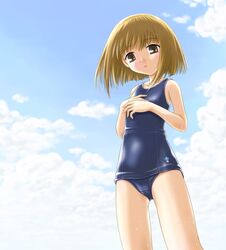  bare_arms bare_shoulders blonde_hair blue_one-piece_swimsuit blue_sky brown_eyes cloud collarbone covered_nipples day female from_below fruits_basket gouda_(aao82110) legs_apart looking_at_viewer one-piece_swimsuit school_swimsuit short_hair sky solo souma_kisa standing swimsuit wet 